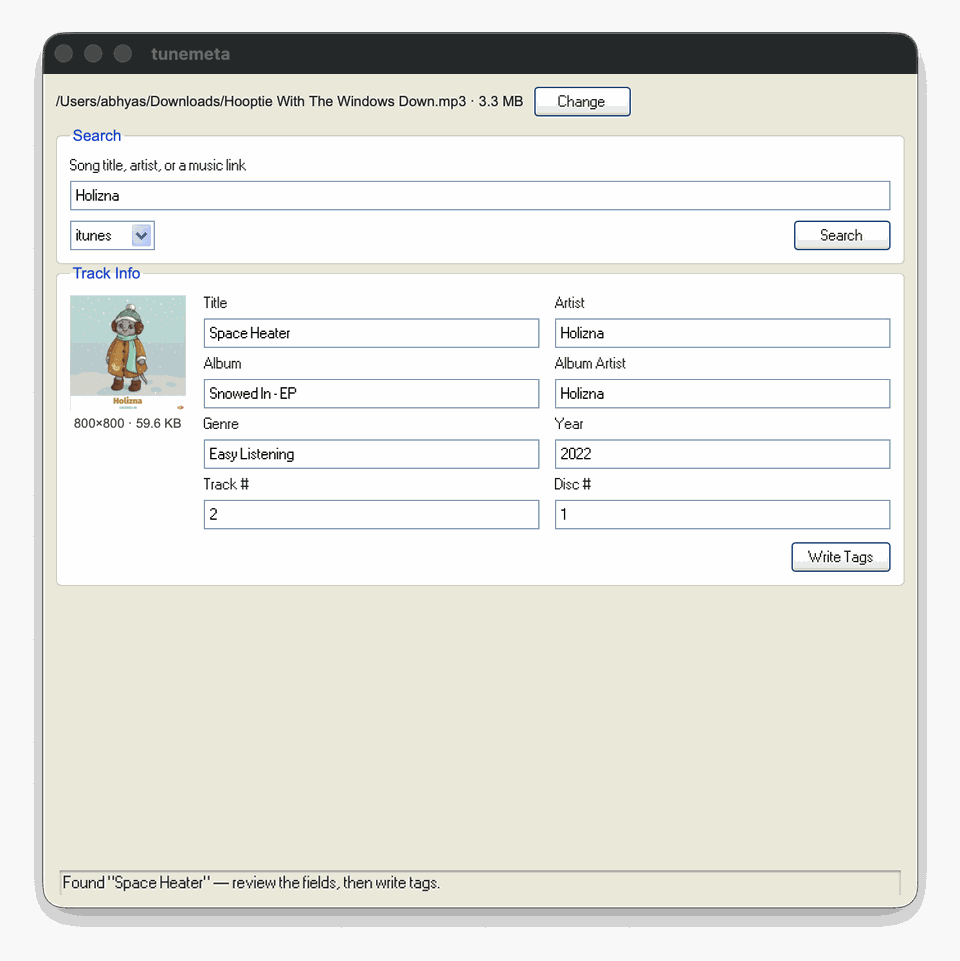 tunemeta showing an untagged MP3 after searching for it: title, artist, album, genre, year, and cover art all filled in, ready to write.